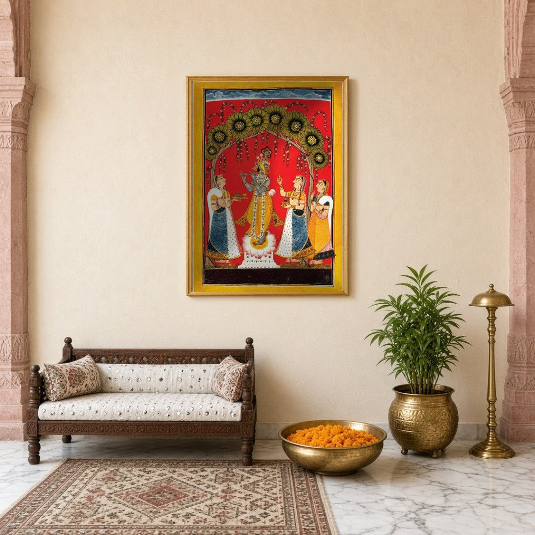 Immerse yourself in the divine melody of 'Krishna's Melodic Allure,' a stunning Pichwai artwork for Entrance