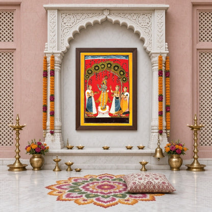 Immerse yourself in the divine melody of 'Krishna's Melodic Allure,' a stunning Pichwai artwork for Home Temple