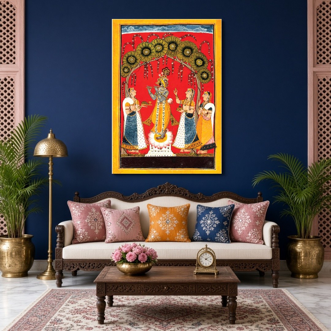 Immerse yourself in the divine melody of 'Krishna's Melodic Allure,' a stunning Pichwai artwork for Living Room