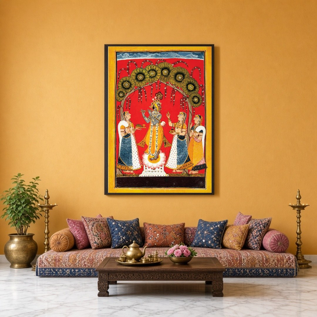 Immerse yourself in the divine melody of 'Krishna's Melodic Allure,' a stunning Pichwai artwork for Sitting Lounge