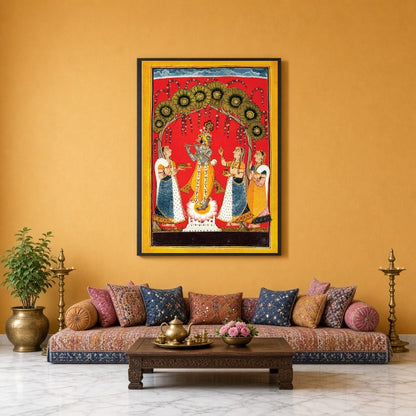 Immerse yourself in the divine melody of 'Krishna's Melodic Allure,' a stunning Pichwai artwork for Sitting Lounge