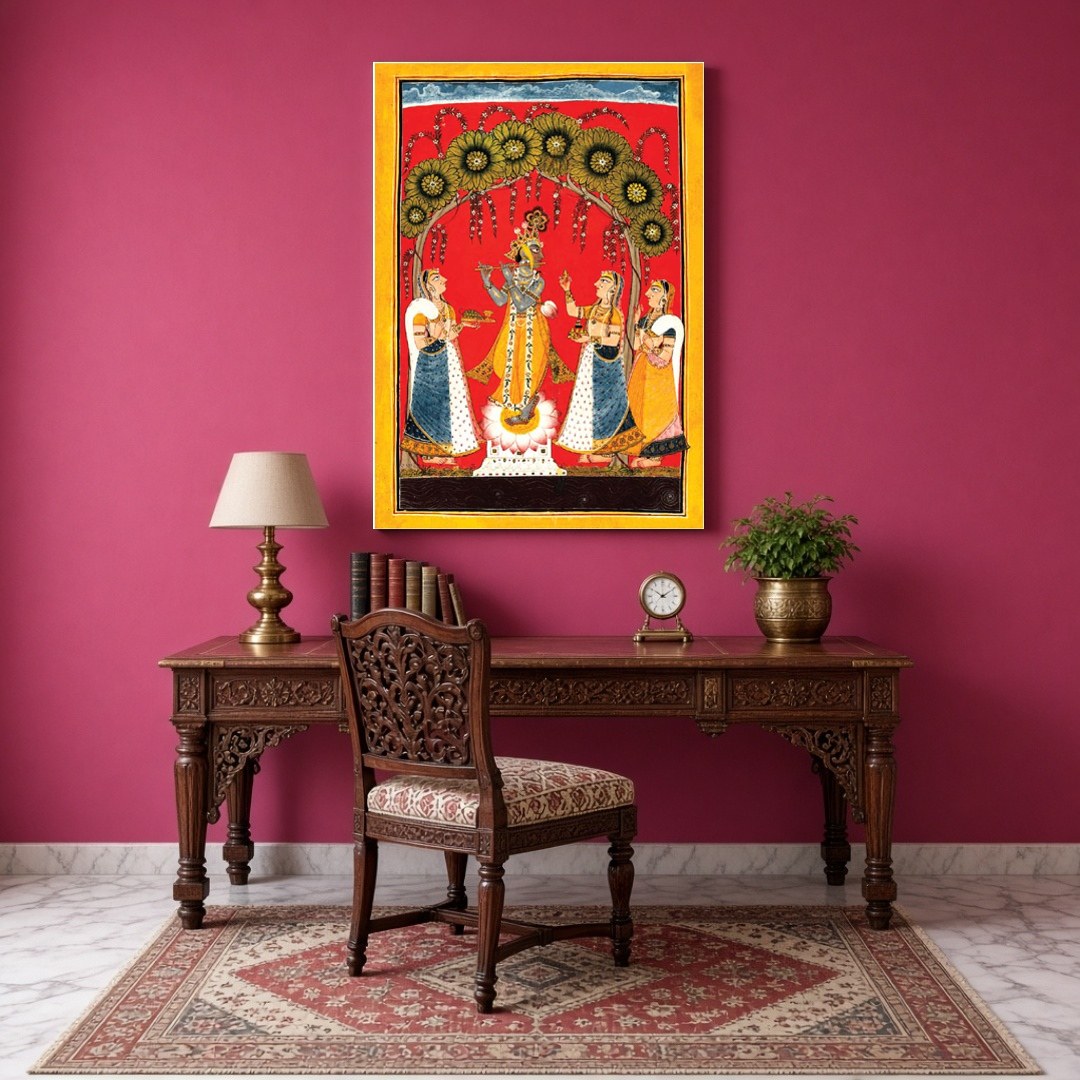 Immerse yourself in the divine melody of 'Krishna's Melodic Allure,' a stunning Pichwai artwork for Study