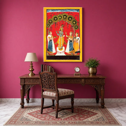 Immerse yourself in the divine melody of 'Krishna's Melodic Allure,' a stunning Pichwai artwork for Study