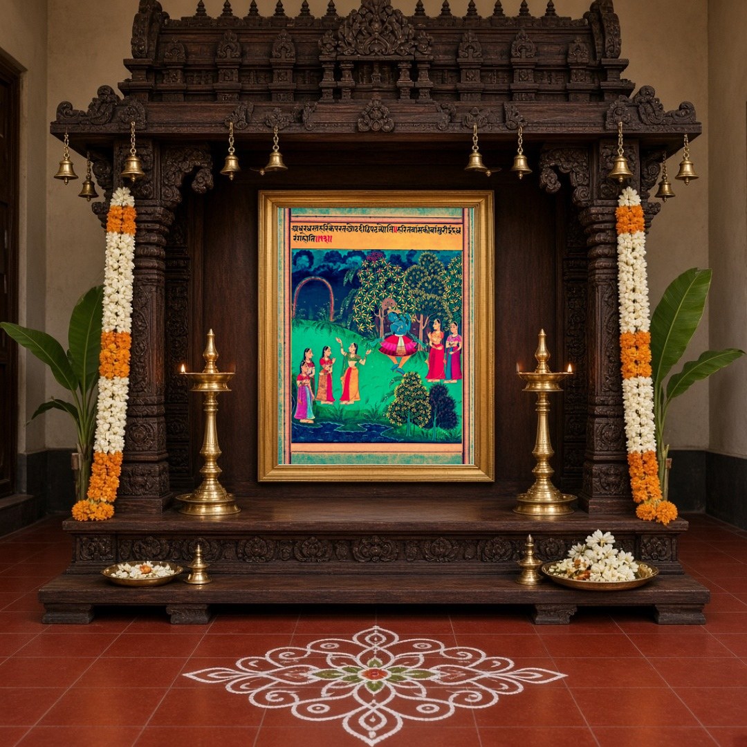 Immerse yourself in the vibrant world of traditional Pichwai art with this captivating piece for Home Temple