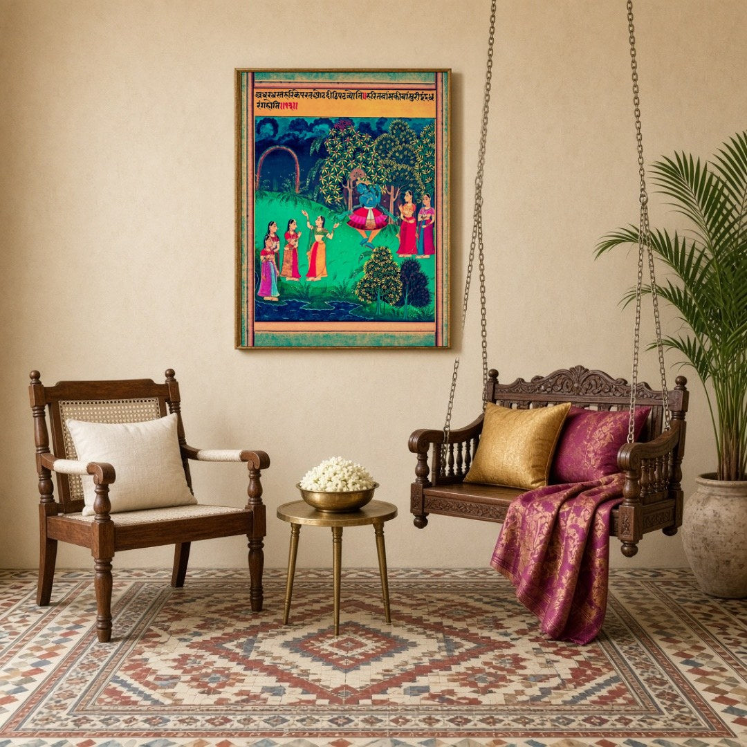 Immerse yourself in the vibrant world of traditional Pichwai art with this captivating piece for Sitting Lounge