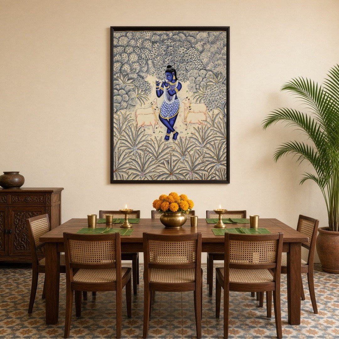 Immerse your space in the divine tranquility of this exquisite Pichwai artwork, featuring Lord for Dining