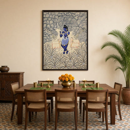 Immerse your space in the divine tranquility of this exquisite Pichwai artwork, featuring Lord for Dining