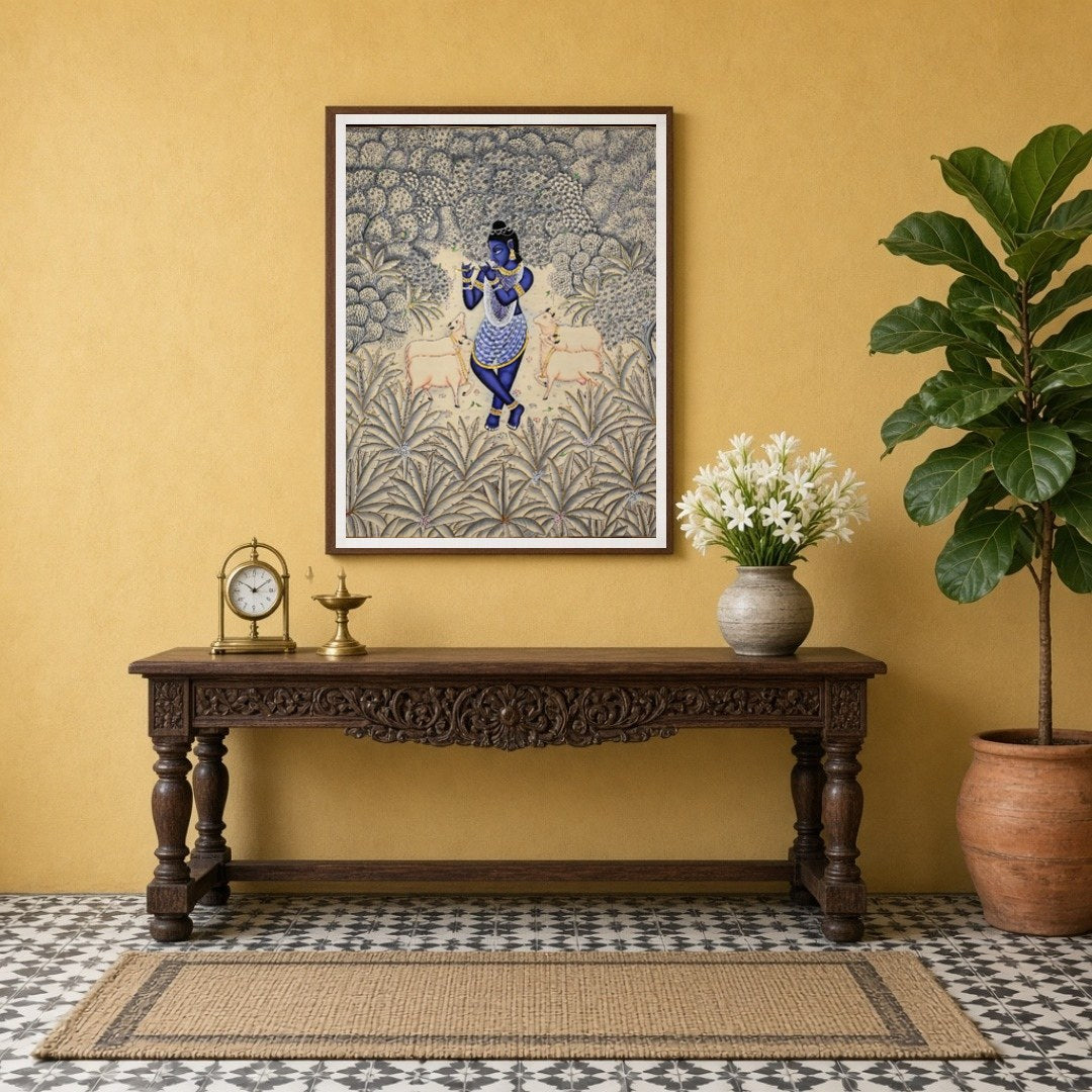 Immerse your space in the divine tranquility of this exquisite Pichwai artwork, featuring Lord for Entrance