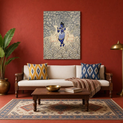 Immerse your space in the divine tranquility of this exquisite Pichwai artwork, featuring Lord for Living Room
