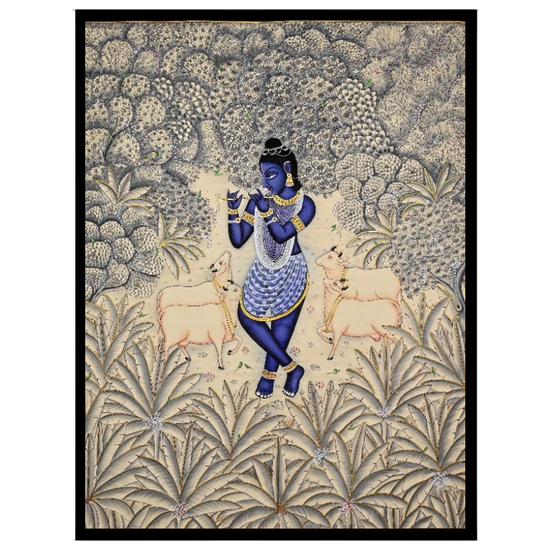 Immerse your space in the divine tranquility of this exquisite Pichwai artwork, featuring Lord for loft
