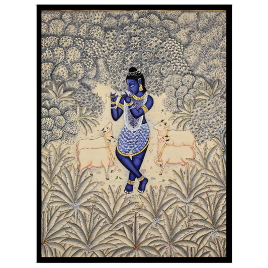 Immerse your space in the divine tranquility of this exquisite Pichwai artwork, featuring Lord for loft