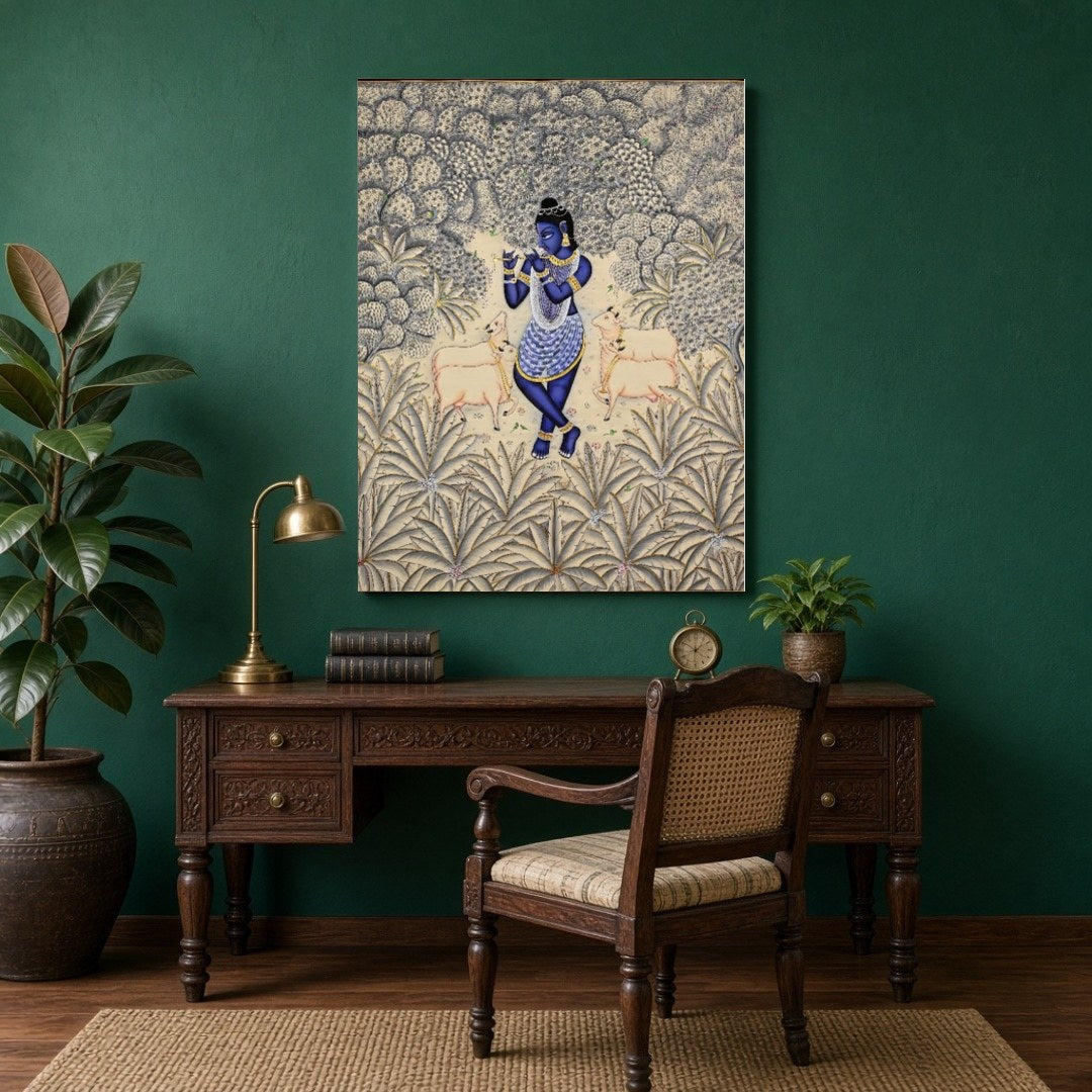 Immerse your space in the divine tranquility of this exquisite Pichwai artwork, featuring Lord for Study