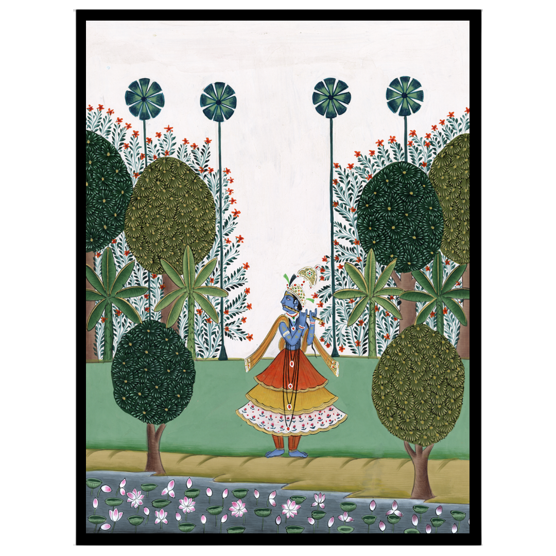 Experience the divine charm of Krishna's melodic journey through a lush landscape in this exquisite for decor