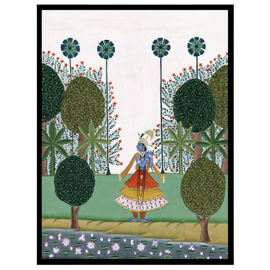 Experience the divine charm of Krishna's melodic journey through a lush landscape in this exquisite for decor