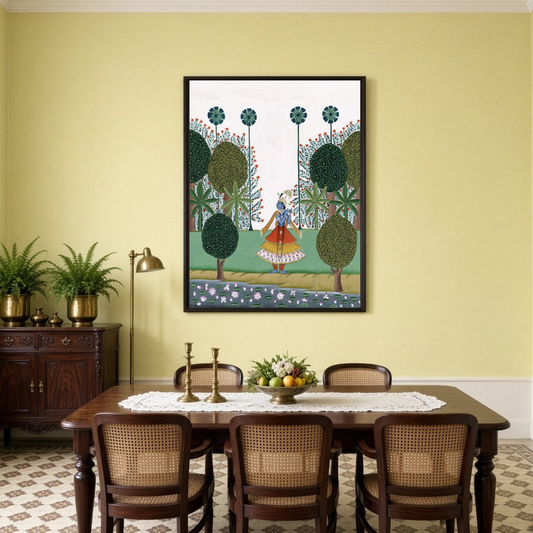 Experience the divine charm of Krishna's melodic journey through a lush landscape in this exquisite for Dining