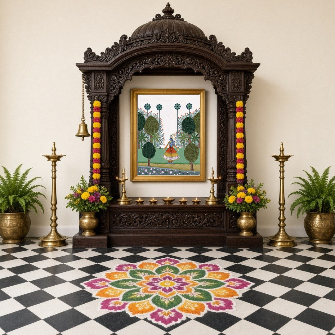 Experience the divine charm of Krishna's melodic journey through a lush landscape in this exquisite for Home Temple