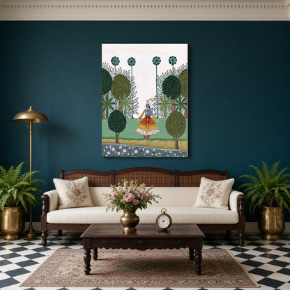 Experience the divine charm of Krishna's melodic journey through a lush landscape in this exquisite for Living Room