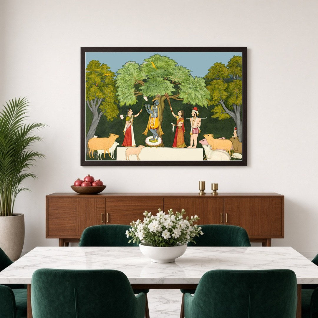 Experience the divine joy depicted in this Pichwai art, where Lord Krishna captivates his for Dining