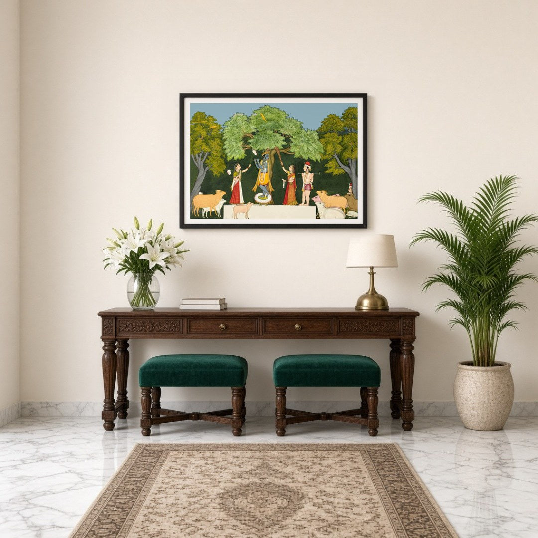 Experience the divine joy depicted in this Pichwai art, where Lord Krishna captivates his for Entrance
