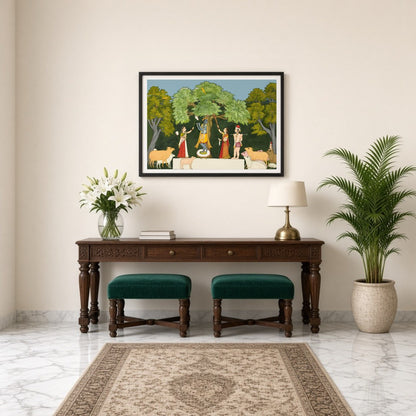 Experience the divine joy depicted in this Pichwai art, where Lord Krishna captivates his for Entrance