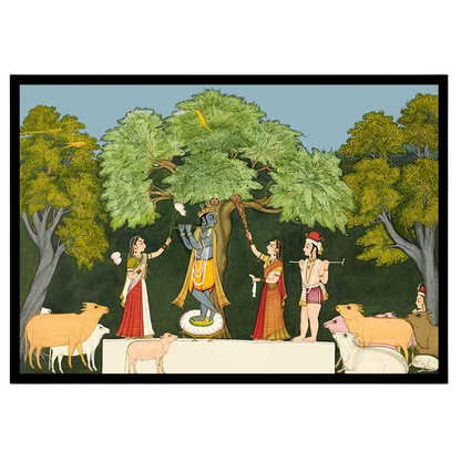 Experience the divine joy depicted in this Pichwai art, where Lord Krishna captivates his for hallway