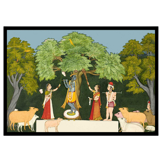 Experience the divine joy depicted in this Pichwai art, where Lord Krishna captivates his for hallway