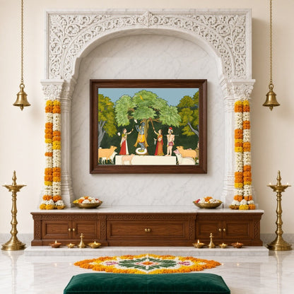 Experience the divine joy depicted in this Pichwai art, where Lord Krishna captivates his for Home Temple