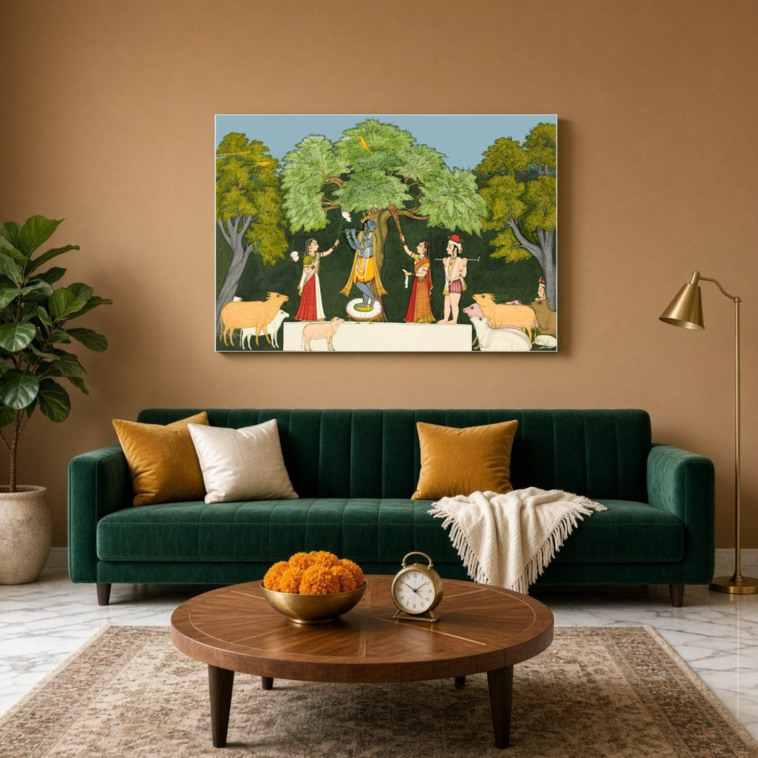 Experience the divine joy depicted in this Pichwai art, where Lord Krishna captivates his for Living Room