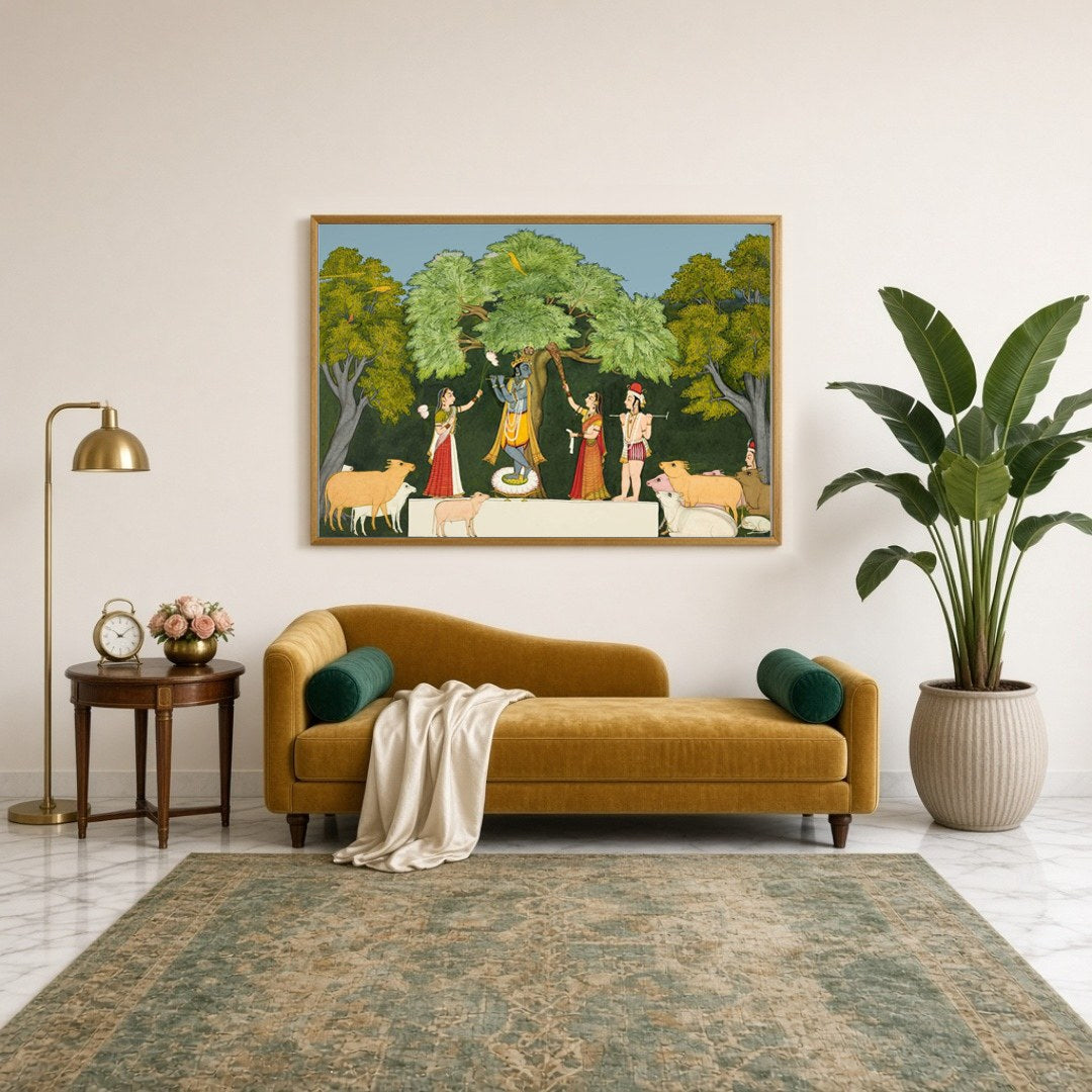Experience the divine joy depicted in this Pichwai art, where Lord Krishna captivates his for Sitting Lounge