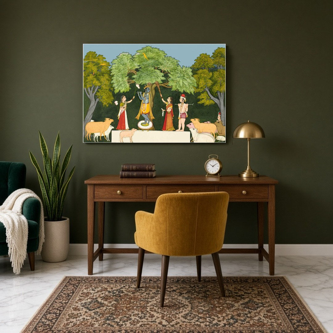Experience the divine joy depicted in this Pichwai art, where Lord Krishna captivates his for Study