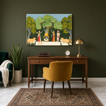 Experience the divine joy depicted in this Pichwai art, where Lord Krishna captivates his for Study