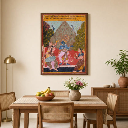 Immerse yourself in the vibrant world of Pichwai art with this exquisite depiction of Lord Krishna for Dining