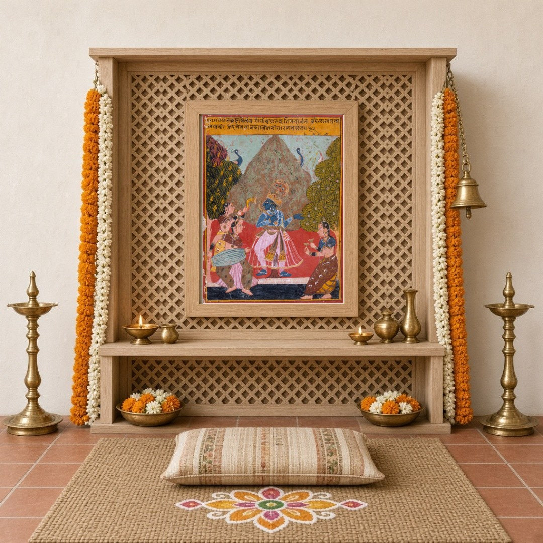 Immerse yourself in the vibrant world of Pichwai art with this exquisite depiction of Lord Krishna for Home Temple
