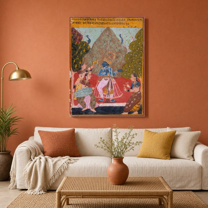 Immerse yourself in the vibrant world of Pichwai art with this exquisite depiction of Lord Krishna for Living Room