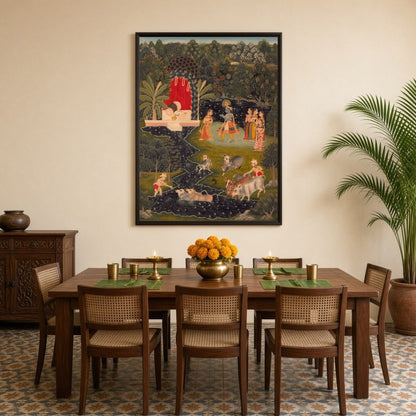 Immerse yourself in the serene beauty of 'Krishna's Pastoral Harmony,' a captivating Pichwai for Dining