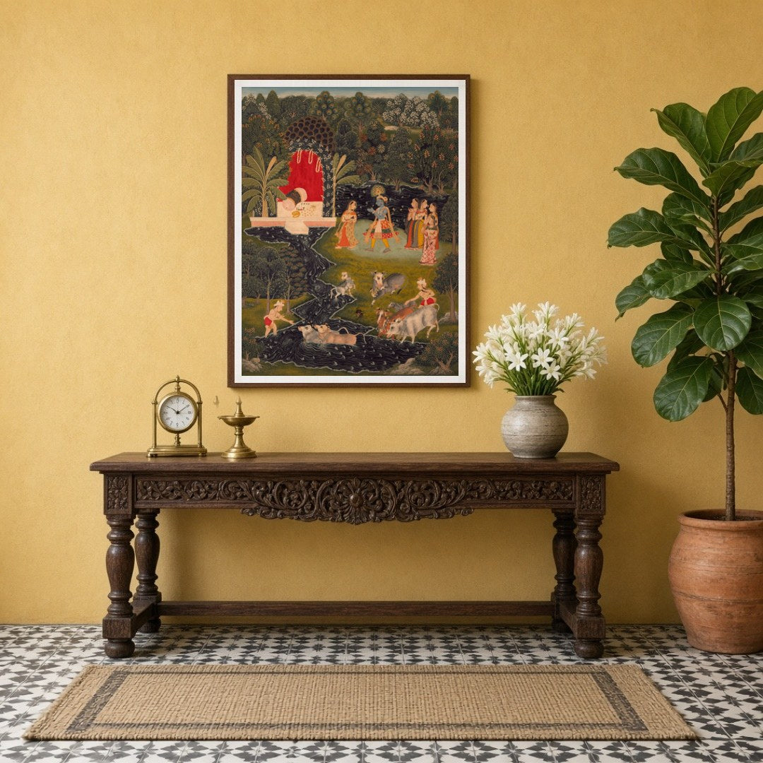 Immerse yourself in the serene beauty of 'Krishna's Pastoral Harmony,' a captivating Pichwai for Entrance