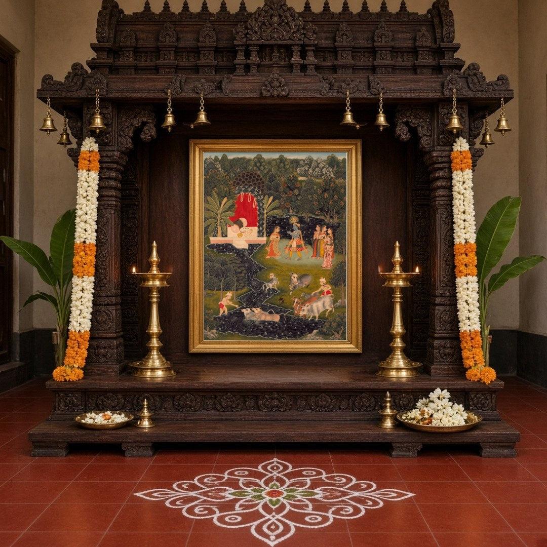 Immerse yourself in the serene beauty of 'Krishna's Pastoral Harmony,' a captivating Pichwai for Home Temple