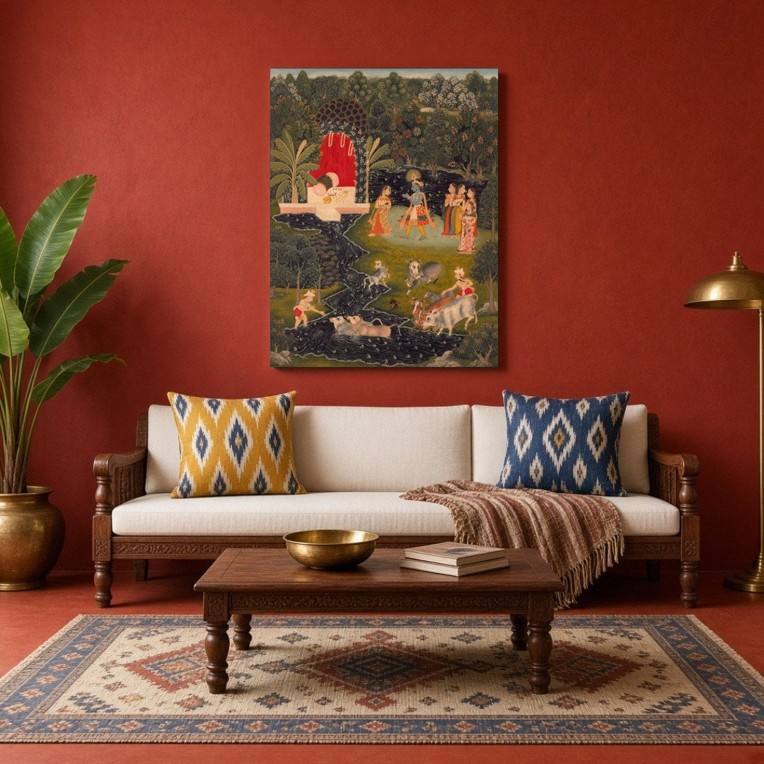 Immerse yourself in the serene beauty of 'Krishna's Pastoral Harmony,' a captivating Pichwai for Living Room