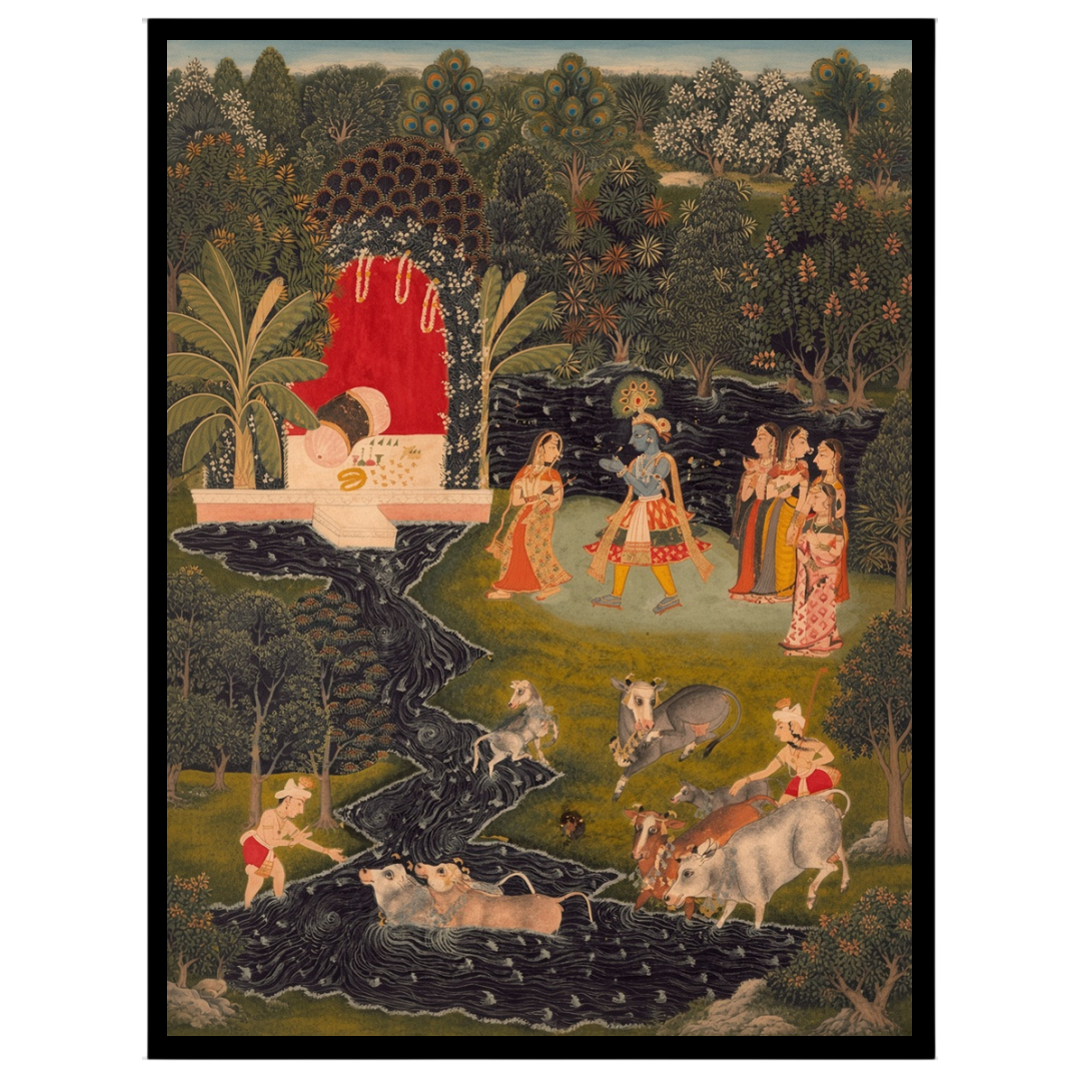 Immerse yourself in the serene beauty of 'Krishna's Pastoral Harmony,' a captivating Pichwai for place