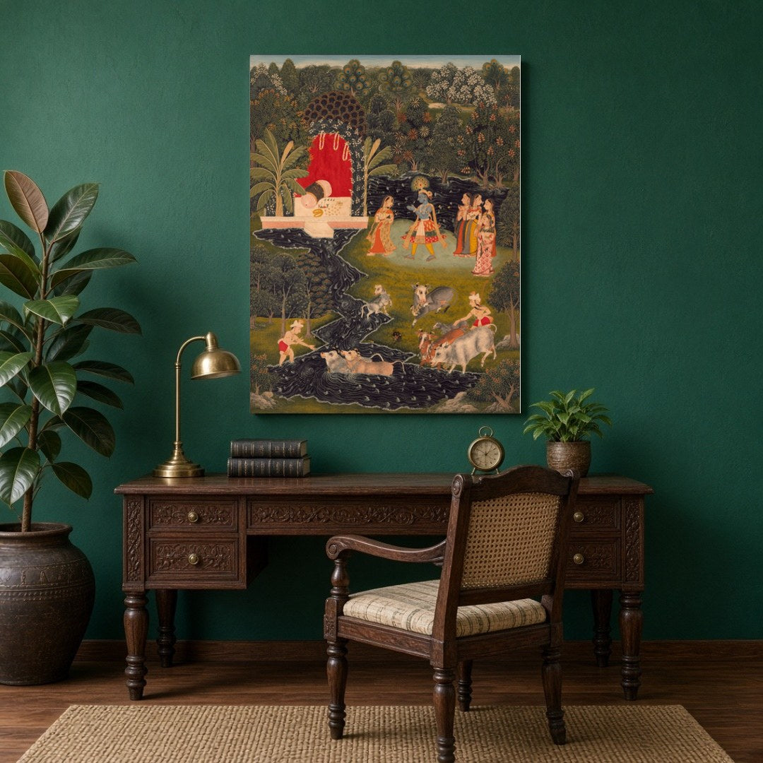Immerse yourself in the serene beauty of 'Krishna's Pastoral Harmony,' a captivating Pichwai for Study
