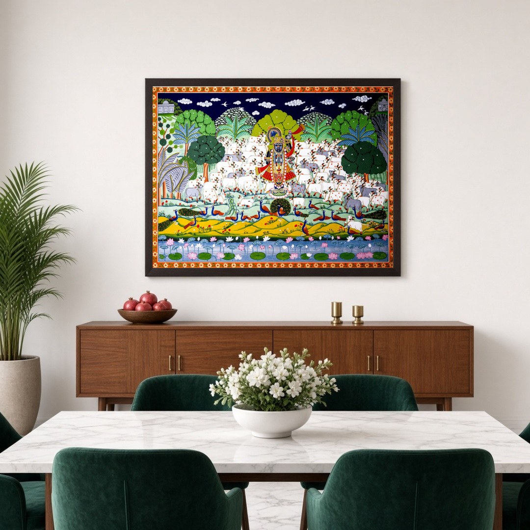 Immerse in the exquisite beauty of this Pichwai art piece, featuring Lord Krishna majestically for Dining