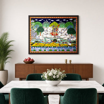 Immerse in the exquisite beauty of this Pichwai art piece, featuring Lord Krishna majestically for Dining