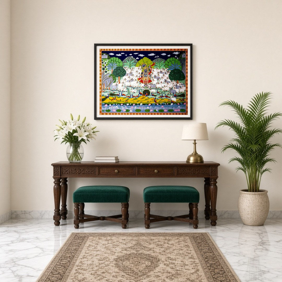 Immerse in the exquisite beauty of this Pichwai art piece, featuring Lord Krishna majestically for Entrance