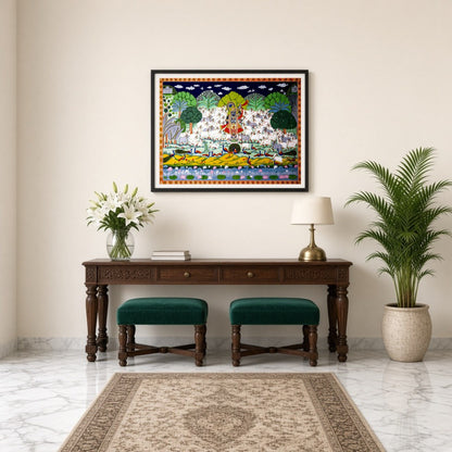 Immerse in the exquisite beauty of this Pichwai art piece, featuring Lord Krishna majestically for Entrance