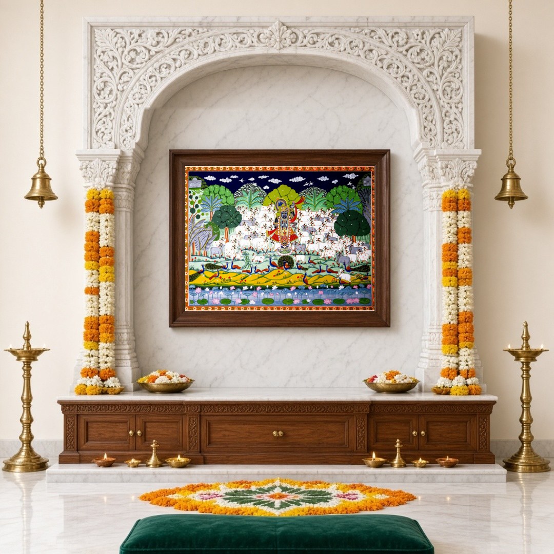 Immerse in the exquisite beauty of this Pichwai art piece, featuring Lord Krishna majestically for Home Temple