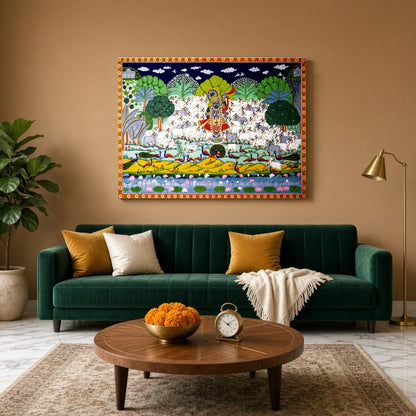 Immerse in the exquisite beauty of this Pichwai art piece, featuring Lord Krishna majestically for Living Room