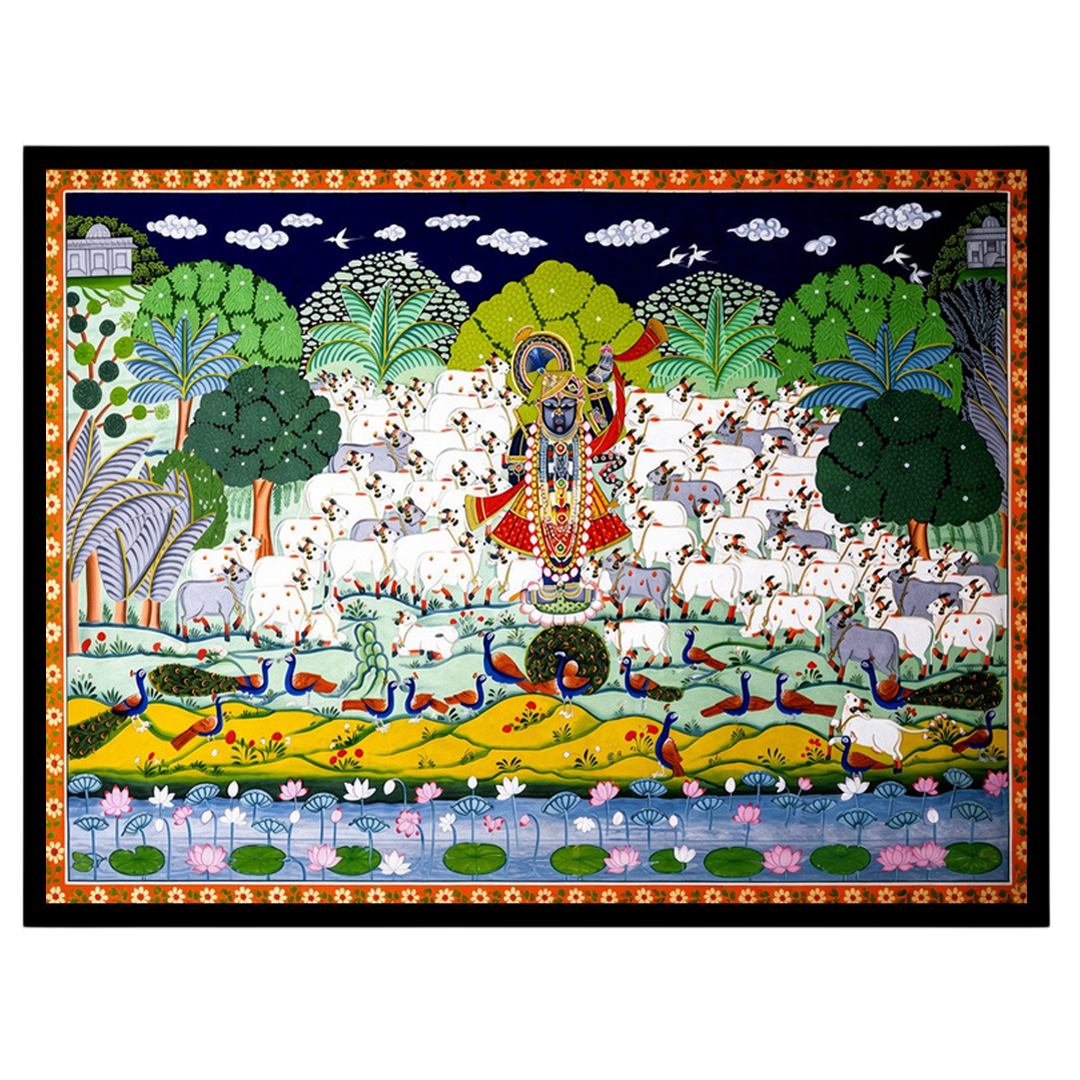 Immerse in the exquisite beauty of this Pichwai art piece, featuring Lord Krishna majestically for office