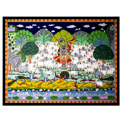 Immerse in the exquisite beauty of this Pichwai art piece, featuring Lord Krishna majestically for office