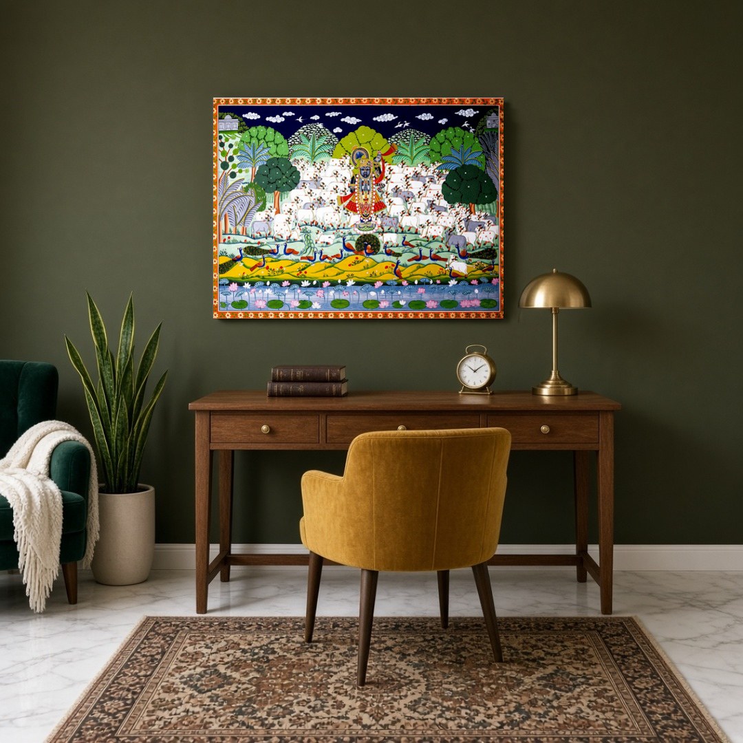 Immerse in the exquisite beauty of this Pichwai art piece, featuring Lord Krishna majestically for Study