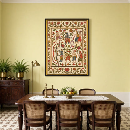 Immerse yourself in the vibrant world of Pichwai art with this captivating portrayal of Krishna for Dining